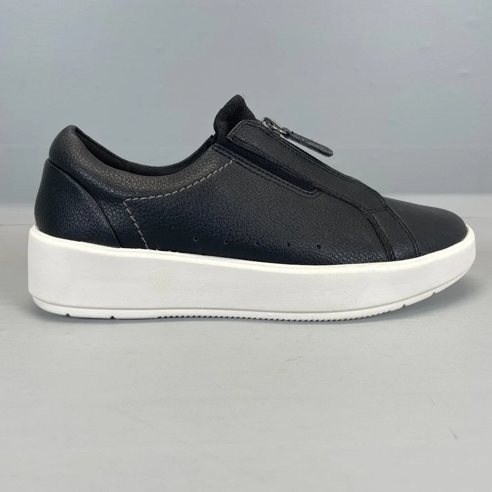 Clarks Layton Rae Shoes Womens Size 6.5 Wide Black Leather Zip Platform Sneakers